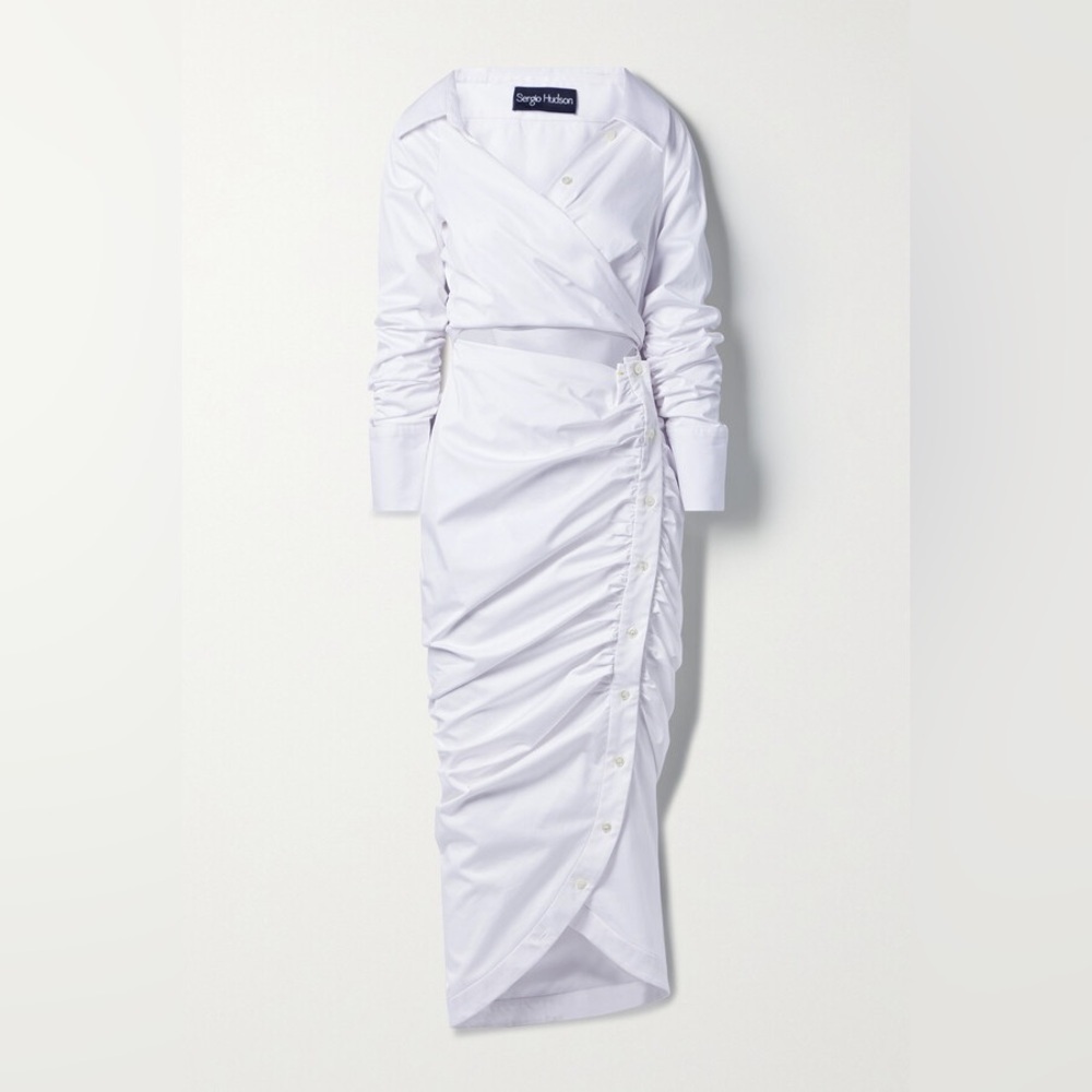 Sergio Hudson Asymmetric Cutout Ruched Cotton-blend Poplin Midi Wrap Dress Sz 0 - Picture 3 of 10